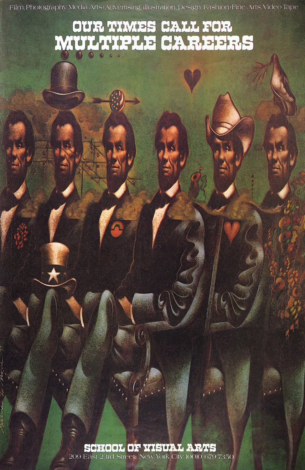 Color illustration of multiple portraits of Abe Lincoln sitting side by side, identical save for various hats and accessories.